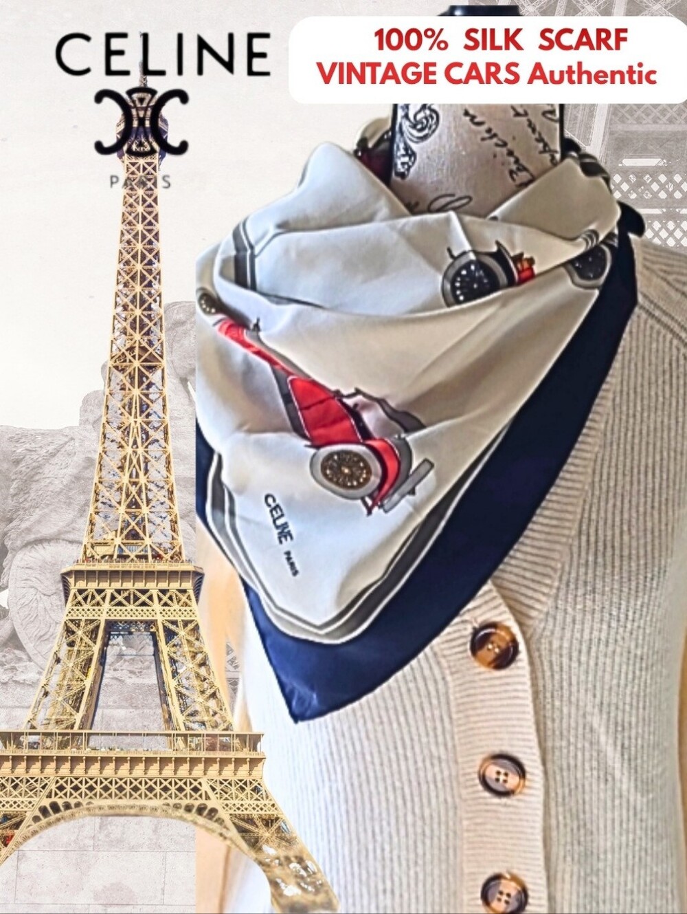 Celine Paris 100% Large Silk Scarf Vintage Cars Red White Blue Authentic